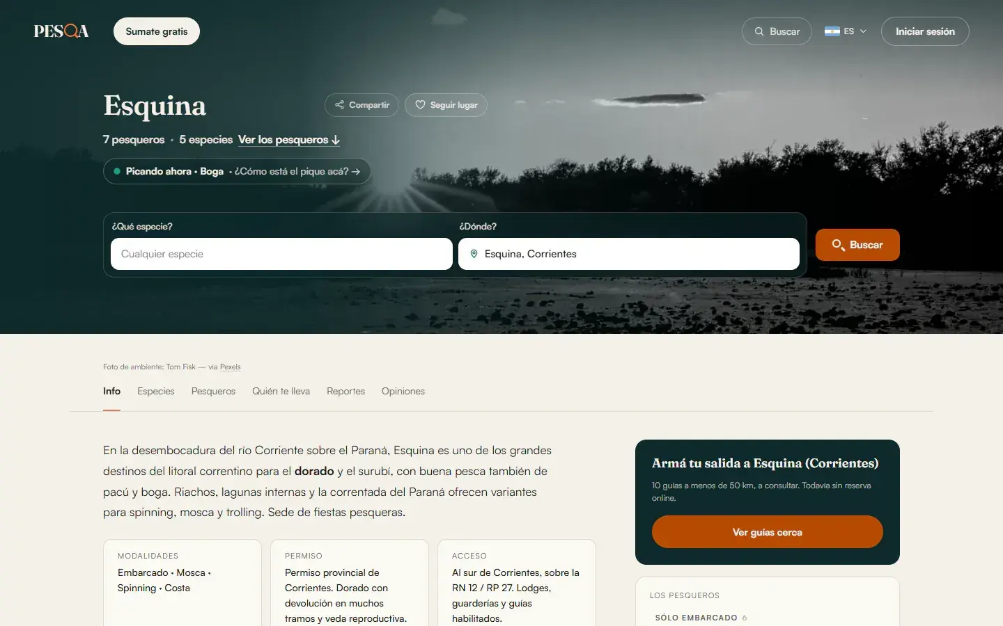The Esquina page on pesqa.ar on a computer: its fishing spots, what’s biting right now and the search to plan a trip.
