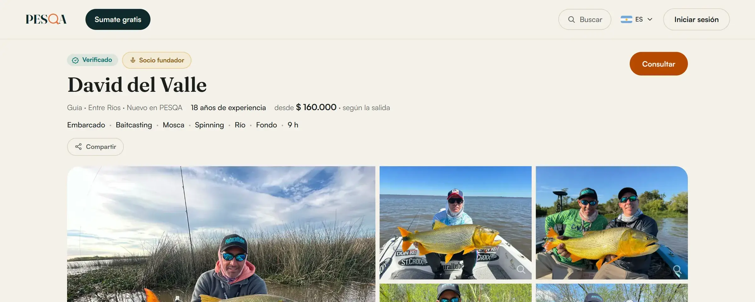 El perfil de David del Valle en pesqa.ar, en la computadora: sus datos, su precio desde y la galería de fotos con dorados.
