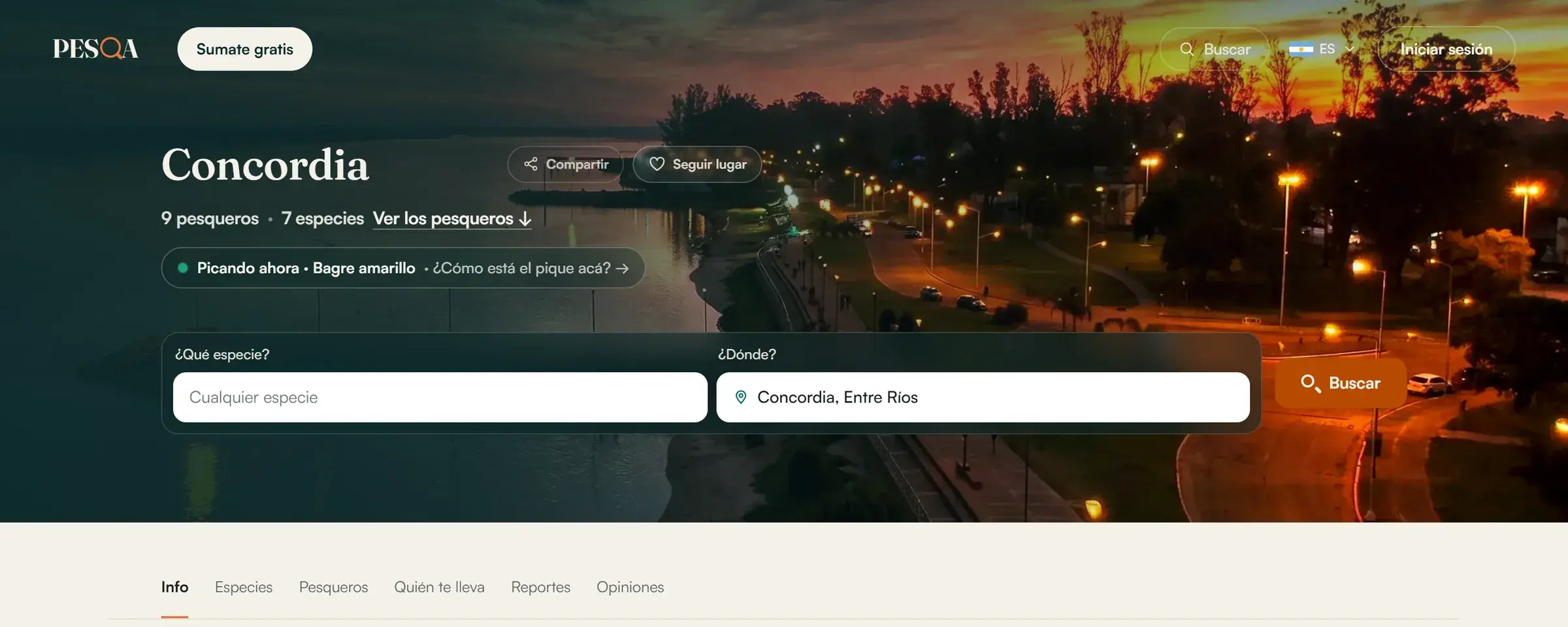 La ficha de Concordia en pesqa.ar, en la computadora: la costanera al atardecer, qué está picando ahora y el buscador.