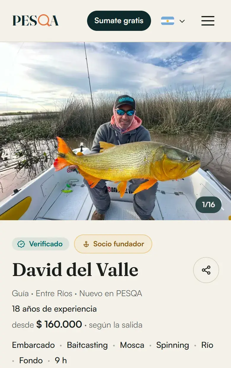 The pesqa.ar profile of David del Valle, a guide from Entre Ríos: his photos with dorado, his experience and his starting price.