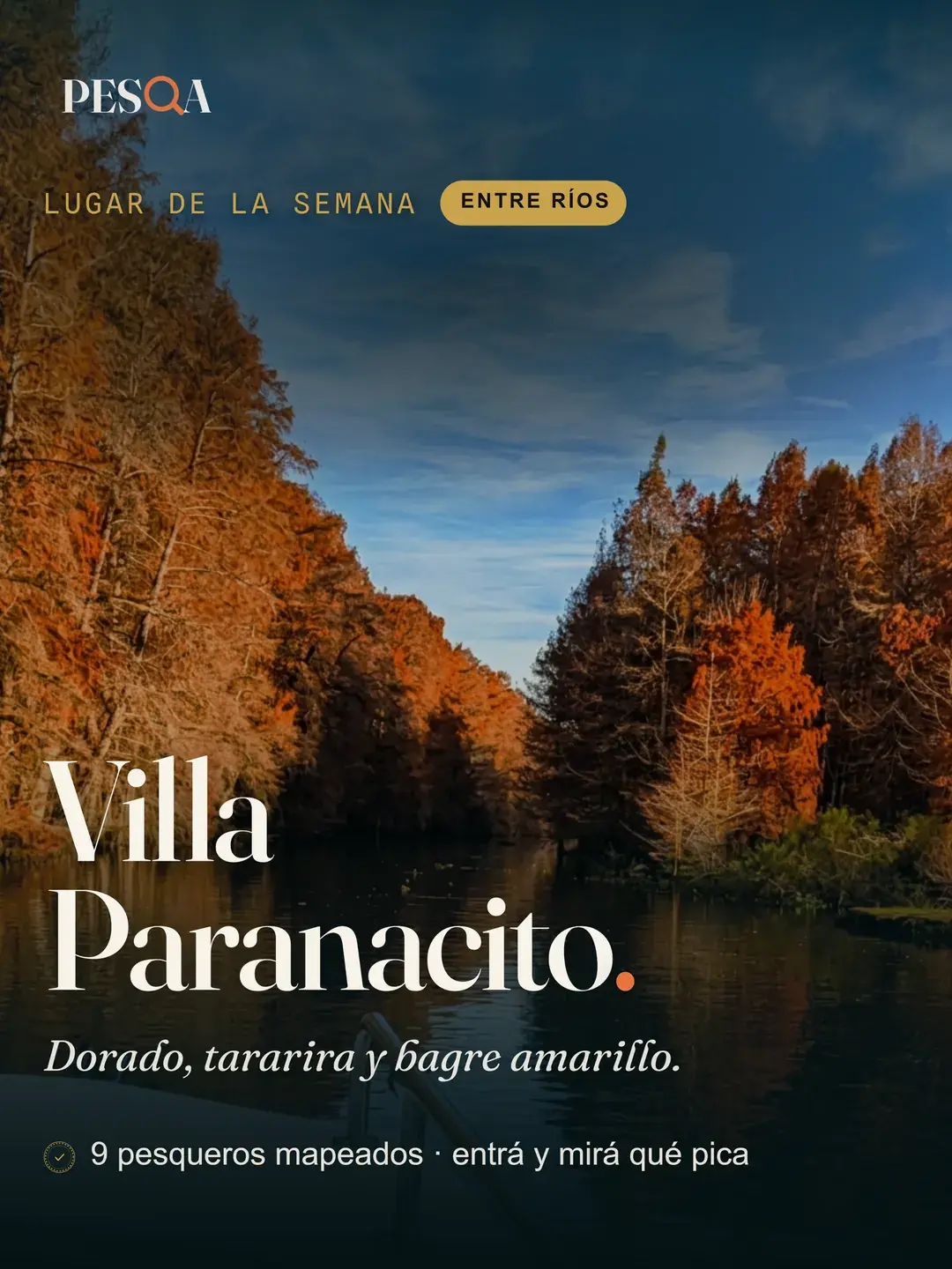 Post from @pesqa.ar: a creek in the Paraná Delta in autumn, titled “Villa Paranacito”.