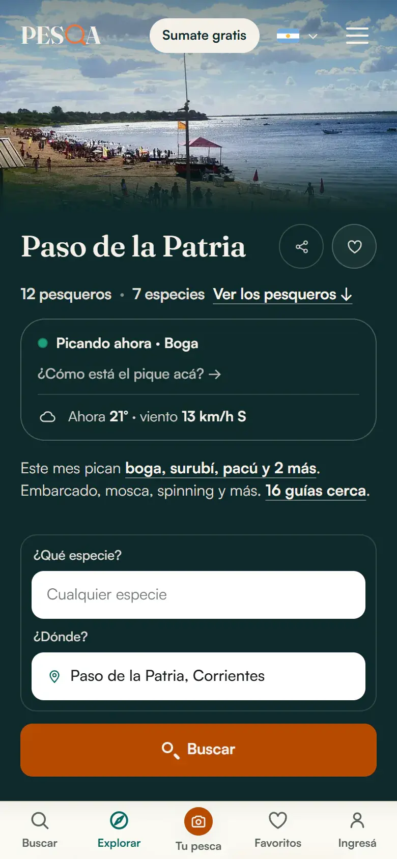 La ficha de Paso de la Patria en pesqa.ar, en el celular: qué está picando, el clima, la altura del río y el calendario de especies.